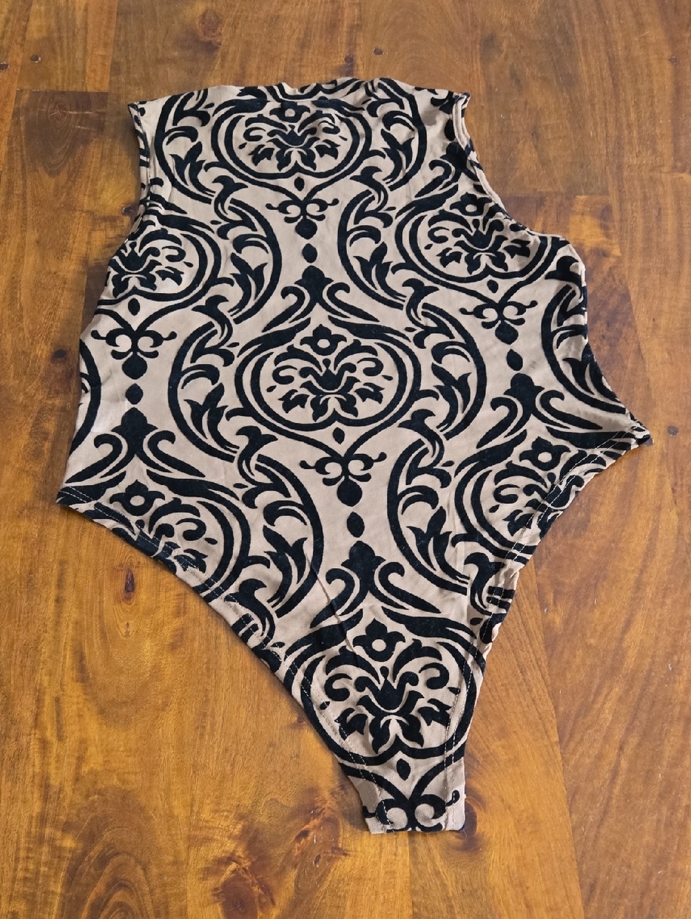 Black Velvet And Tan Damask Mesh Sheer Sleeveless Bodysuit - Picture 7 of 8